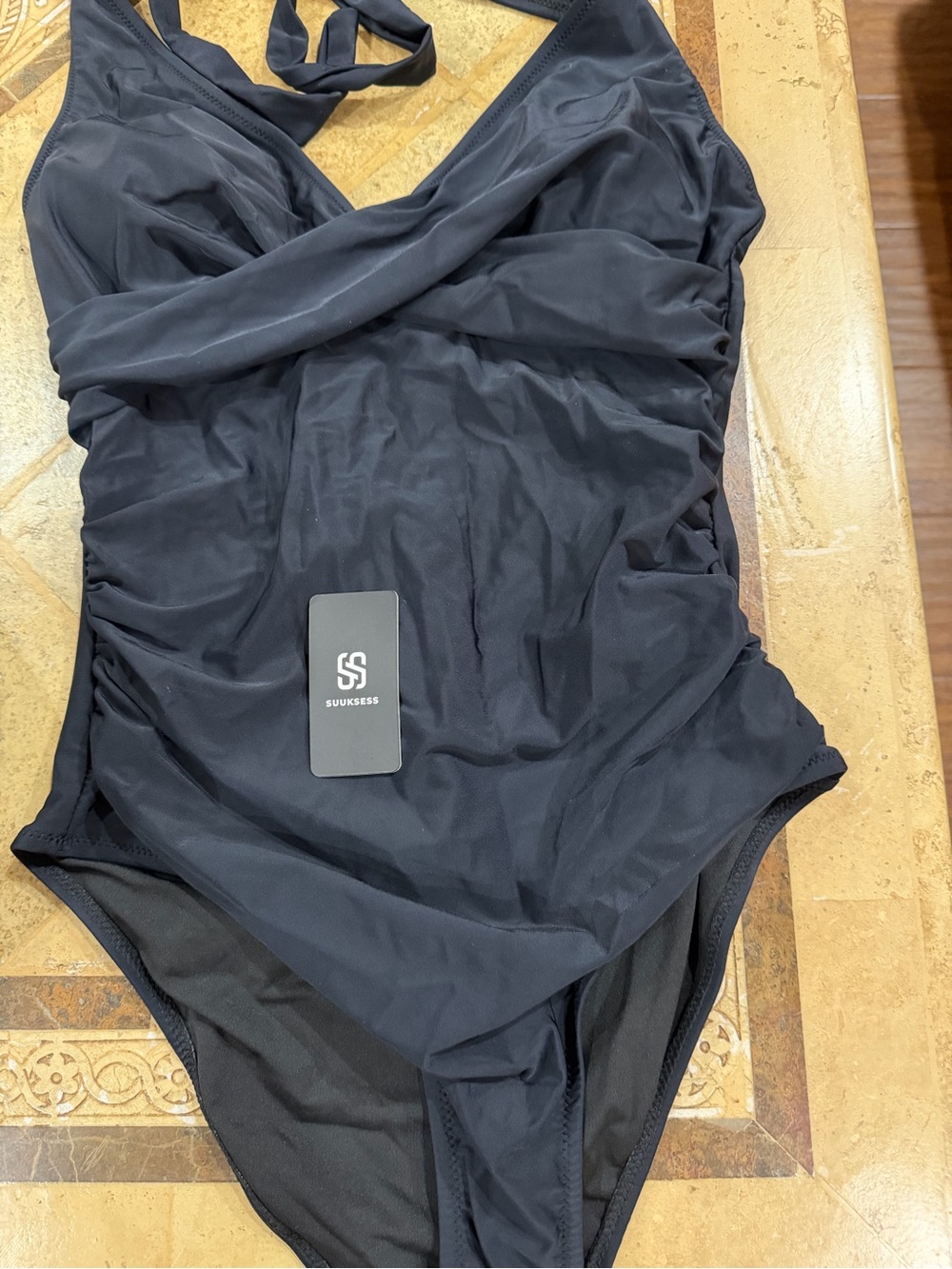 Sukkess Black Ruched Halter One-Piece Swimsuit